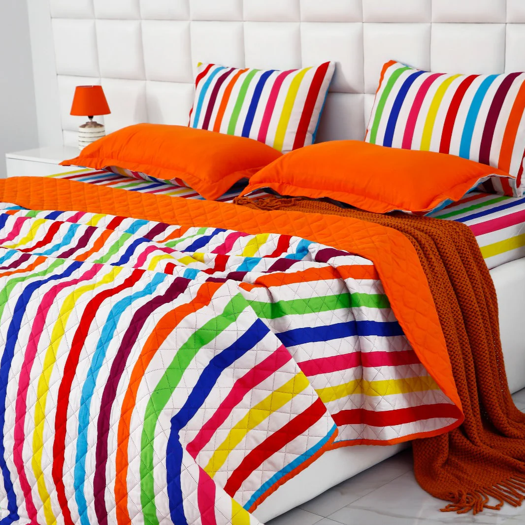 6 PCs Bed Spread Set-Multi Stripe(Orange) - Image 2