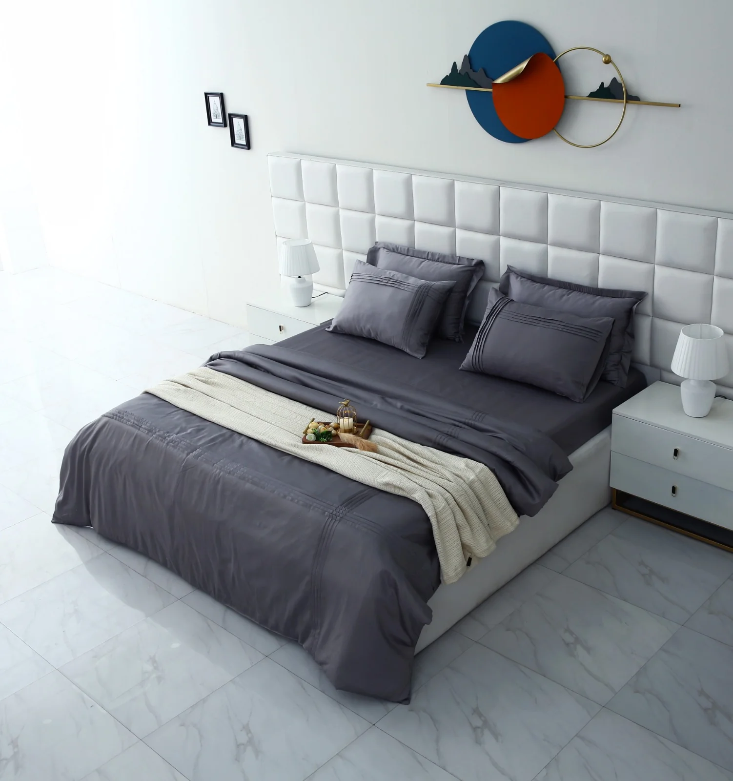 6 PCs Luxury Satin Dyed Duvet Cover Set-Grey - Image 2