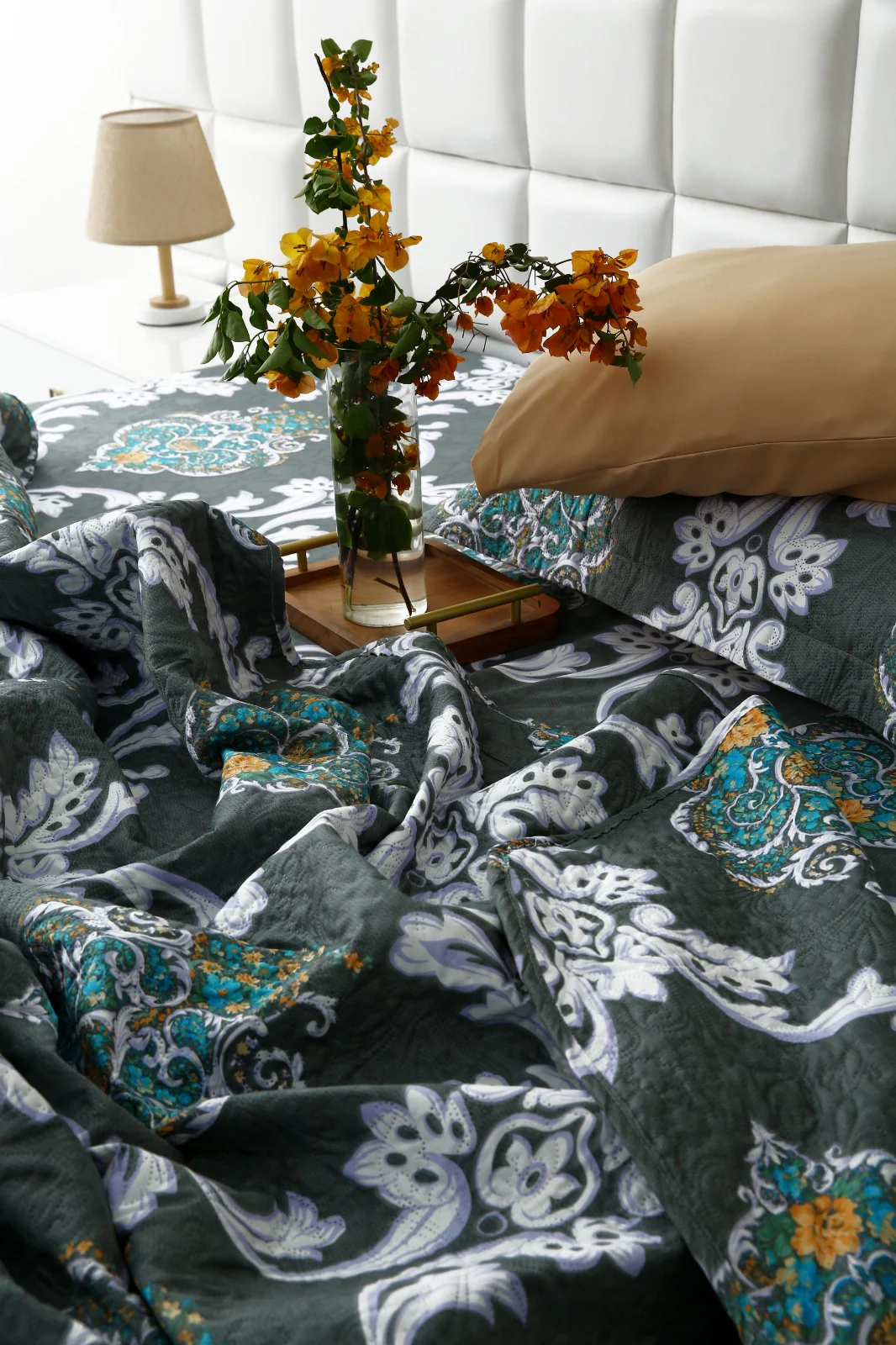 6 PCs Printed Bed Spread Set-Medallion Gold - Image 14