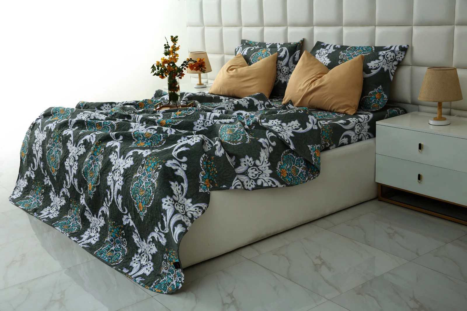 6 PCs Printed Bed Spread Set-Medallion Gold - Image 3