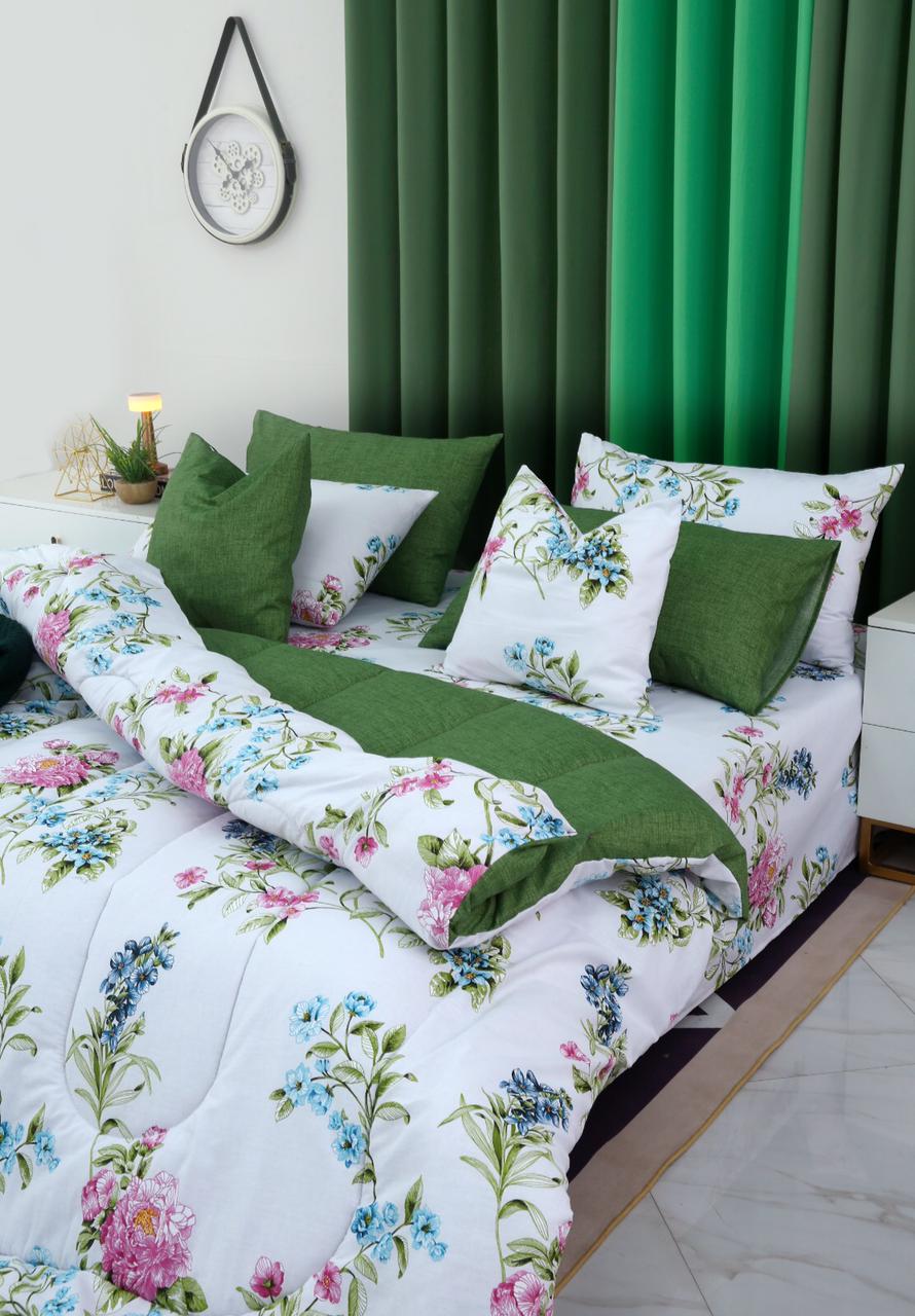 8 PCs Winter Razai Set-Green Lotus - Image 11
