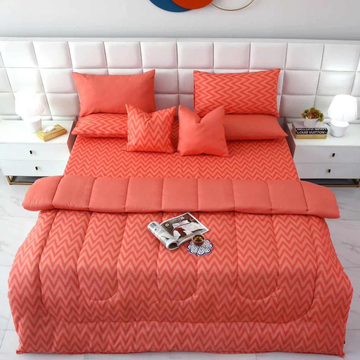 8 PCs Winter Razai Set-Peach Chevron