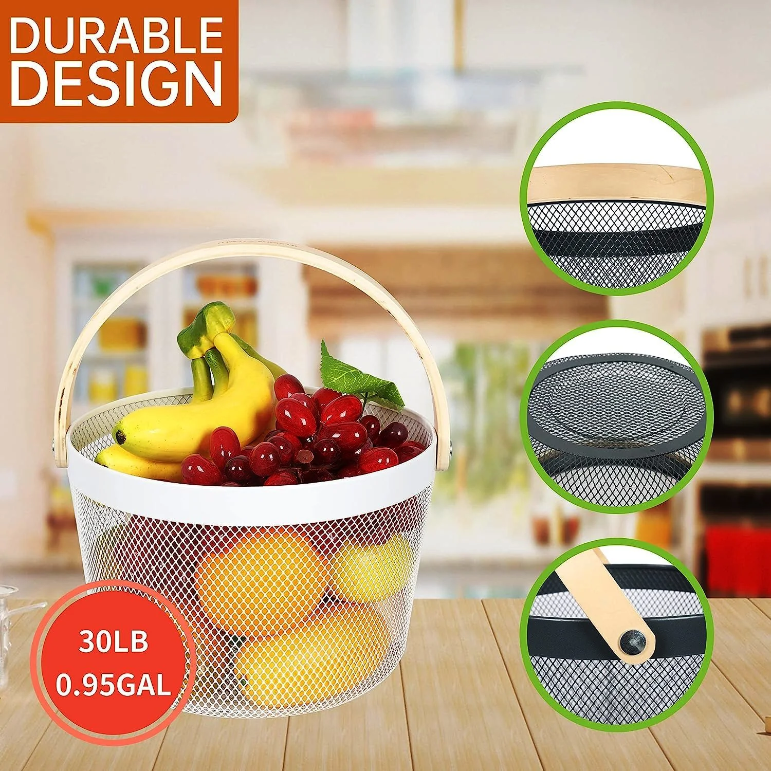 Mesh Steel Basket with Wooden Handle-Round White - Image 2