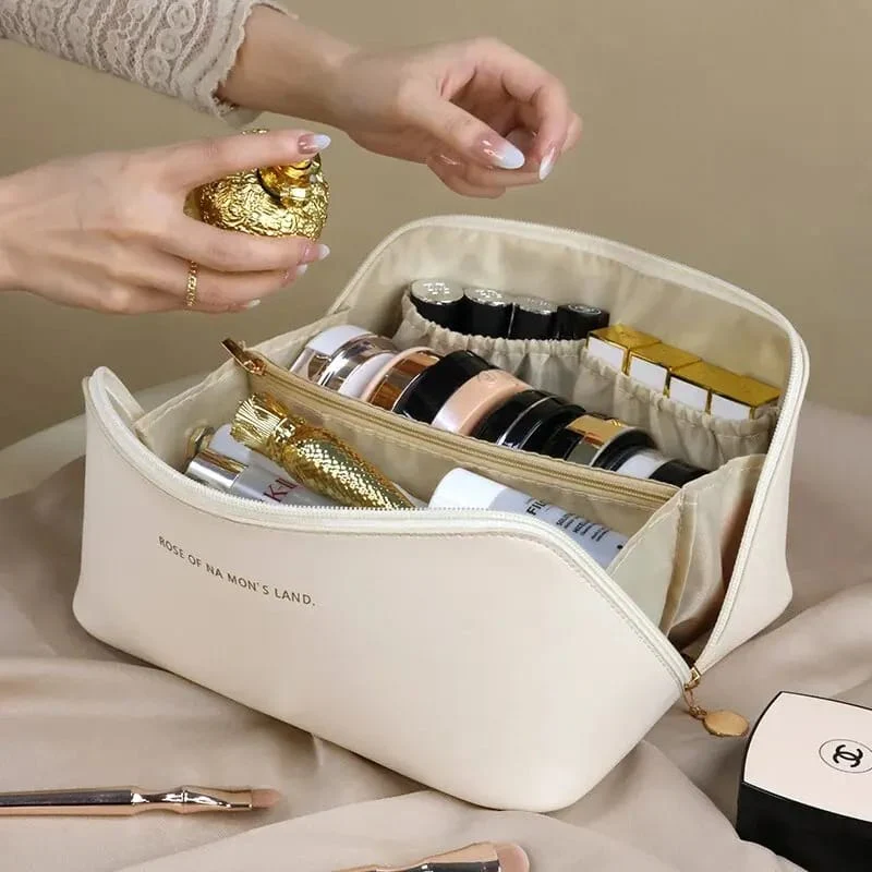 Portable PU Makeup Powder Waterproof Multifunctional Bag-14265Cream(SA2403-21) - Image 14