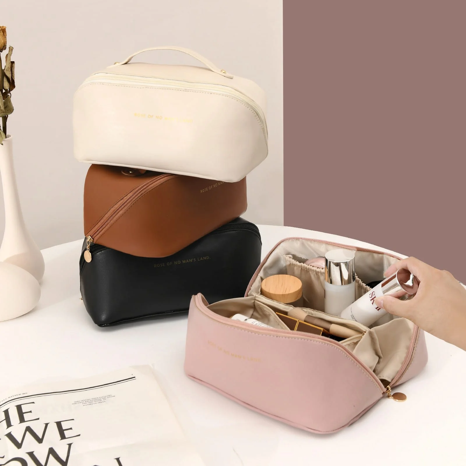 Portable PU Makeup Powder Waterproof Multifunctional Bag-14265Cream(SA2403-21) - Image 4