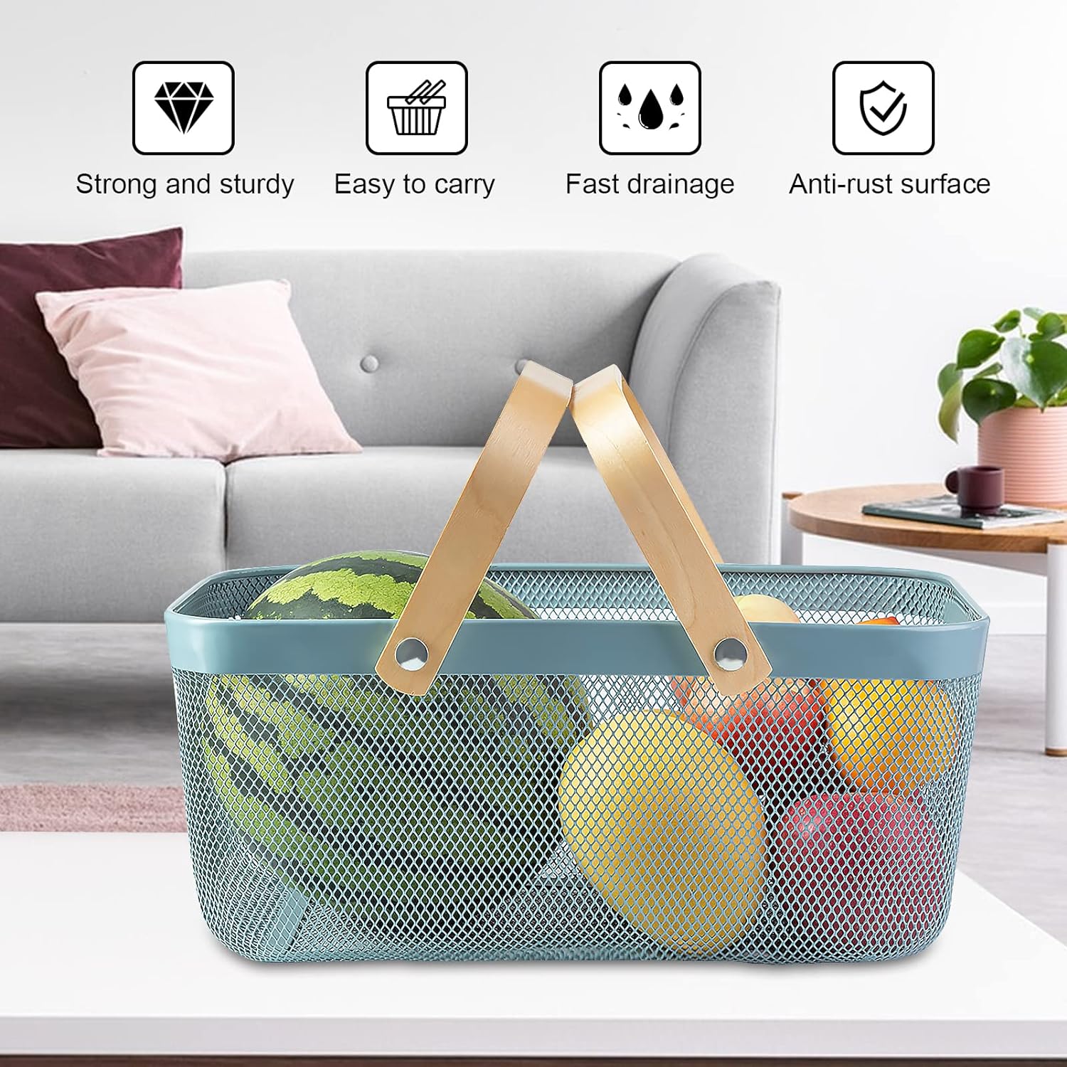 Rectangular Mesh Basket With Double Wooden Handle- Blue - Image 2