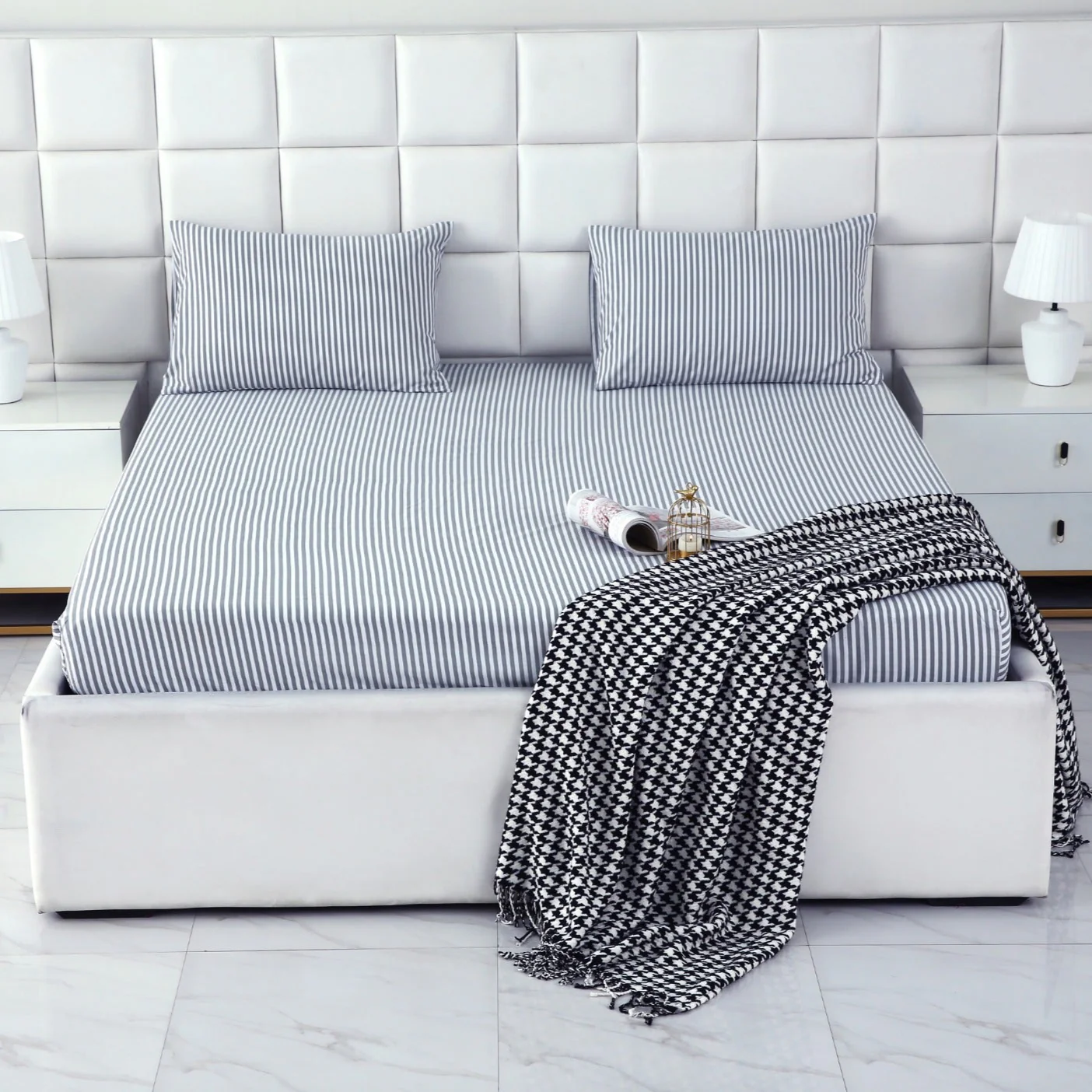 Zipper Mattress Cover Printed-Grey Stripes